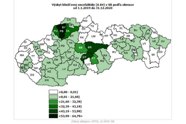 Mapa výskytu kliešťovej encefalitídy podľa okresov