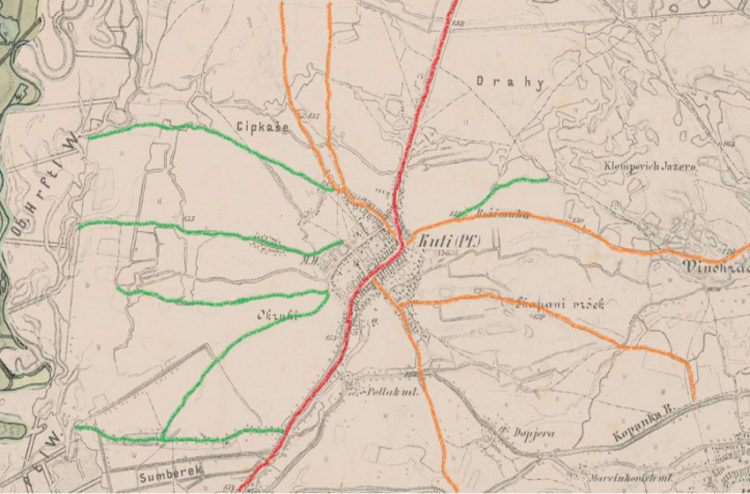 Aké cesty viedli cez Kúty? Foto – historická mapa zverejnená na  Pjekné mjestečko o.z. - Kúty (FB)